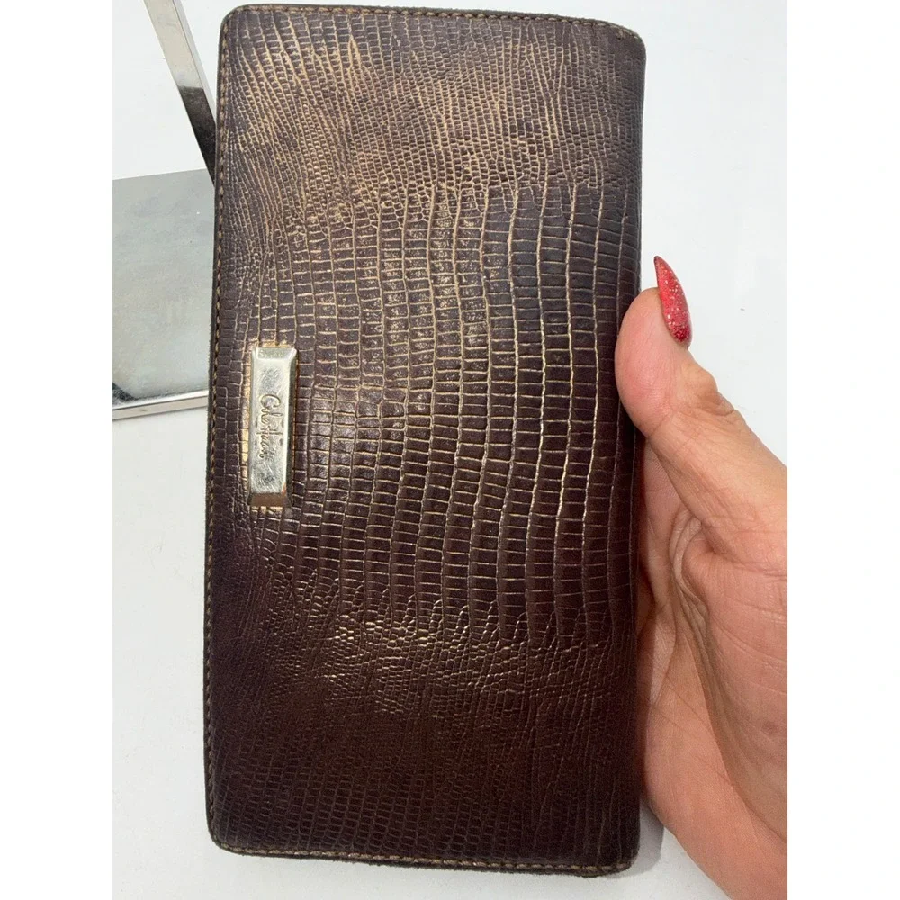 Cole Haan Metallic Bronze Lizard Embossed Leather Slim Continental Wallet